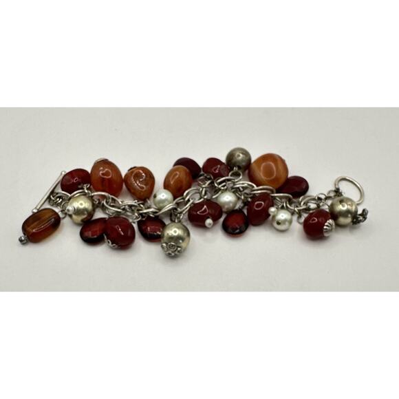 Vintage BoHo Style Silver Tone Bracelet w/ Red Agate Glass Faux Pearls 7" - Picture 7 of 8
